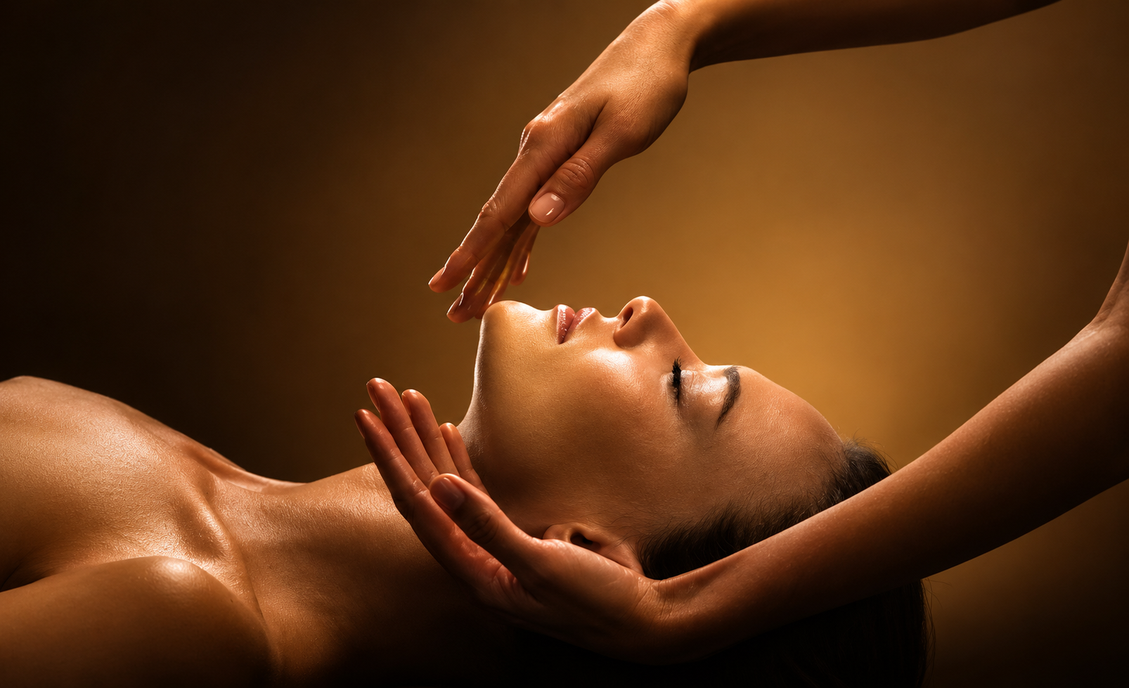 Massage du visage dans une lumière dorée